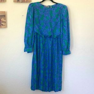 Adrianna Papell Vintage 80’s Silk Dress. Blue w/ green floral. Sz 10 Petite. EUC
